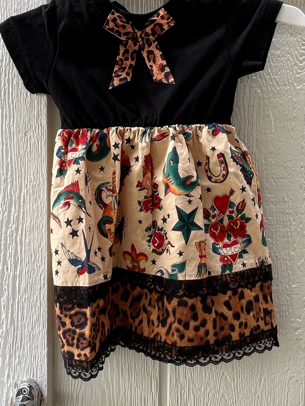 Girls Black & Cream Tattoo-Print Dress with Leopard Trim